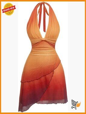 Halter Mini Sunset Dress Flowy Backless Deep V Neck Summer Beach Casual